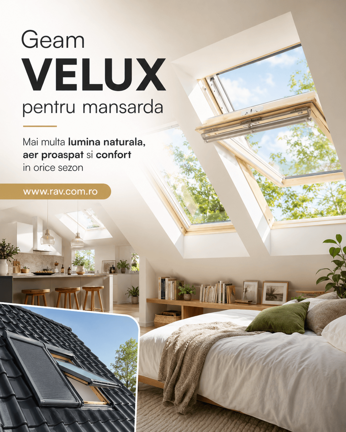 Fereastră de mansardă VELUX într-un dormitor luminos