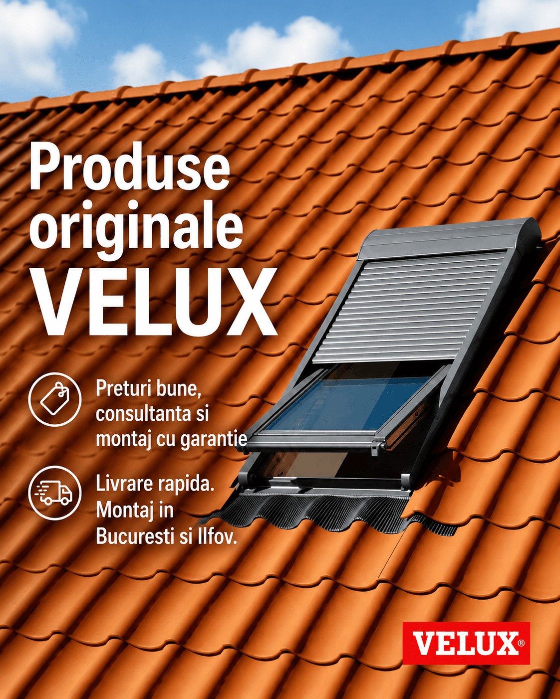 Fereastră de mansardă VELUX pe acoperiș țiglă.