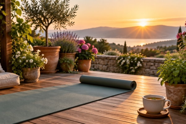 Terasă de grădină la răsărit cu covoraș de yoga, ceai de plante și ghivece cu flori