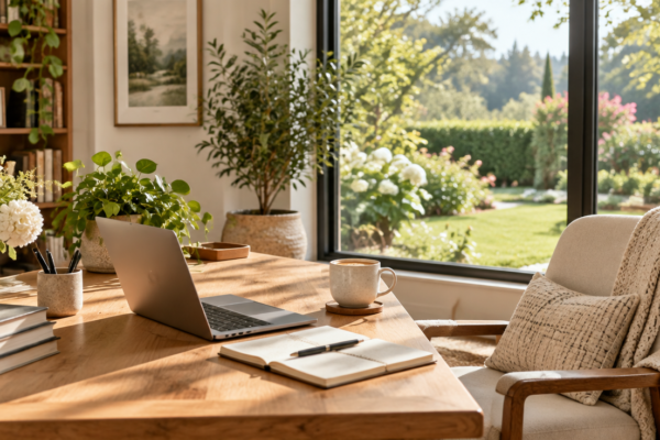 Birou elegant de acasă cu laptop, caiet și cafea, lângă o fereastră cu vedere spre grădină