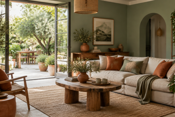 Living cu pereți verde salvie, accente terracotta, mobilier din lemn și vedere spre grădină